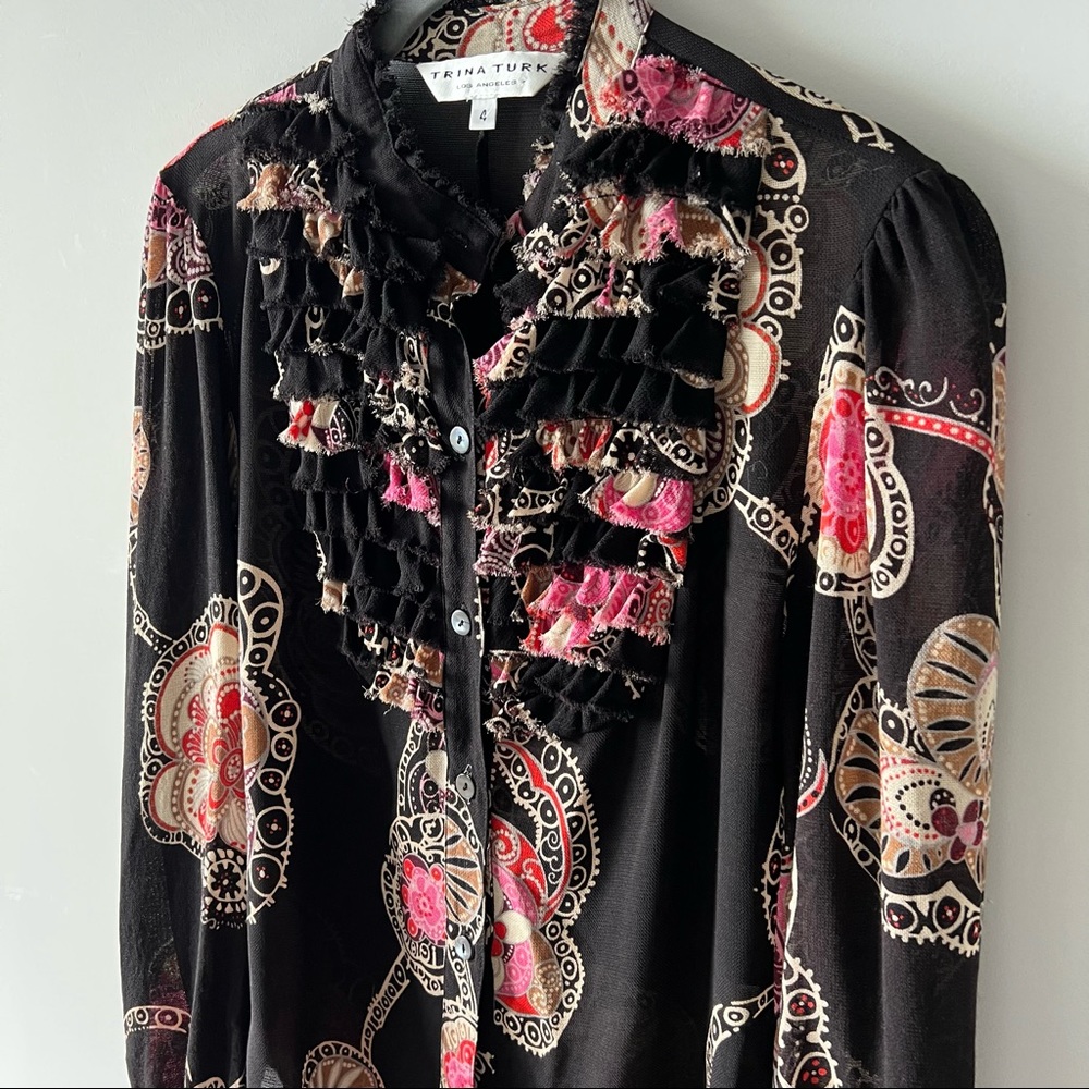 Trina Turk Ruffle Blouse Silk Wool Victorian Top Career R - Picture 3 of 11
